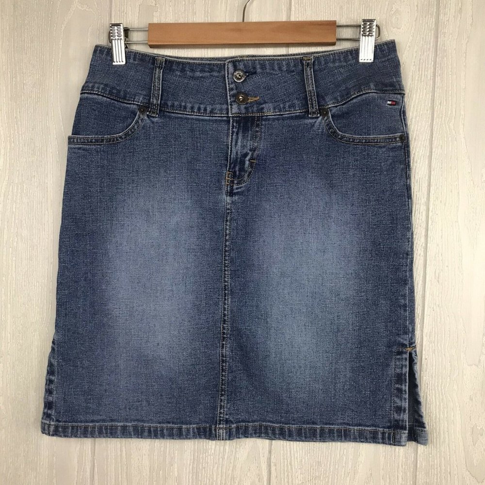 Tommy Hilfiger Vintage Skirt Distressed Denim Side Slits Pockets Juniors Size 7